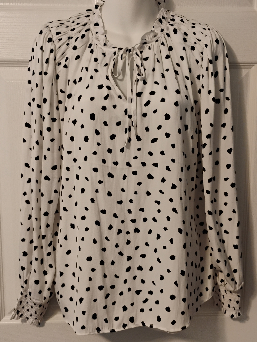 Jones New York White Blouse with Black Spot Print and Tie Neck